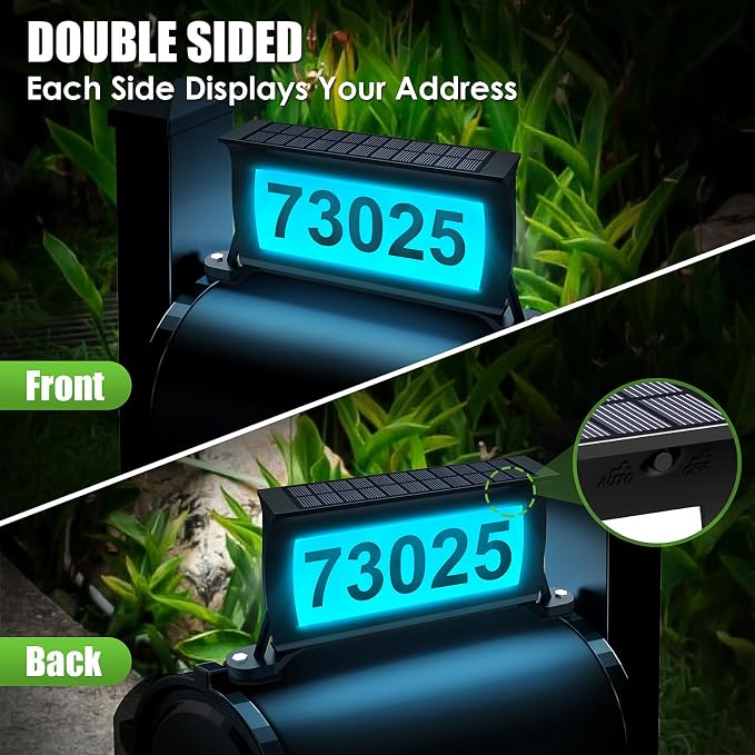 Solar Address Sign for Mailbox, RGB & Cool White & Color Changing Solar Mailbox Light, Double-Side Lighted Mailbox Topper, House Numbers for Outside (No-Drilling Option Available)