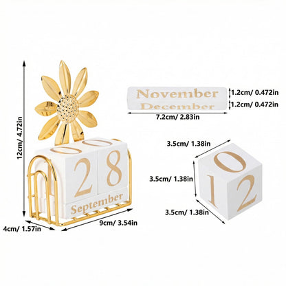 SUPVOX Wooden Perpetual Calendar Blocks for Desk, Office, Home Decor, Adjustable Wood Month Date Display Blocks, Sunflower Design, 4.72 X 3.54 X 1.57 Inches