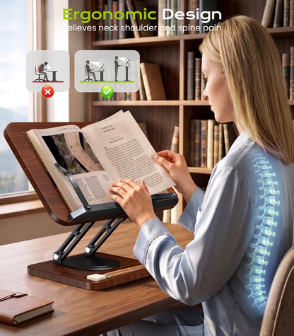 Book Stand for Reading, 360° Rotating Hands Free Book Holder with Storage, Adjustable Height & Ergonomic Cookbook Stand, Elastic Page Clips for Recipe Laptop Tablet, Foldable for Kitchen Office School