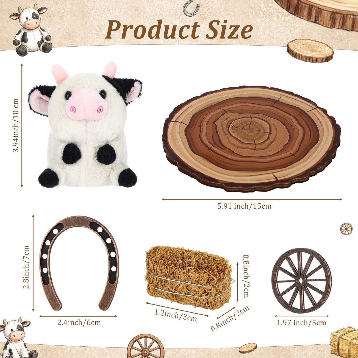 Tasdurian 6 set Western Themed Party Decorations Cowboy Table Centerpieces Cow Plush Hay Bales Lucky Horseshoe Wooden Wagon Wheel Decor for Crafts Western Cowboy Party Birthday Wedding Favors Supplies