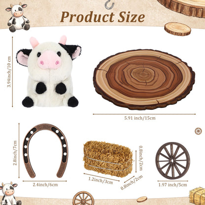 Tasdurian 6 set Western Themed Party Decorations Cowboy Table Centerpieces Cow Plush Hay Bales Lucky Horseshoe Wooden Wagon Wheel Decor for Crafts Western Cowboy Party Birthday Wedding Favors Supplies