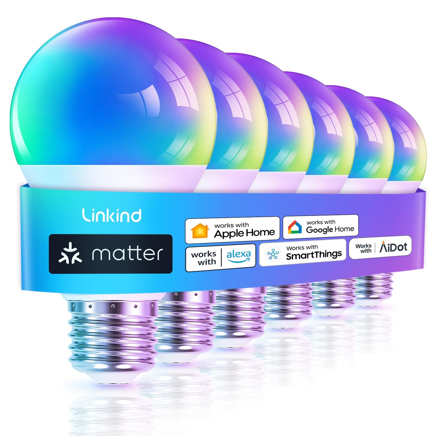Linkind Matter Smart Light Bulb, Smart Bulbs Work with Apple Home, Siri, Alexa, Google Home, SmartThings, Color Changing Light Bulbs Music Sync RGBTW, Mood Lights, 2.4Ghz WiFi A19 E26 60W 800LM 6 Pack