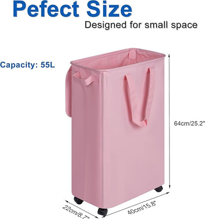 Slim Laundry Hamper with Lid and Wheels, Small Rolling Laundry Basket with