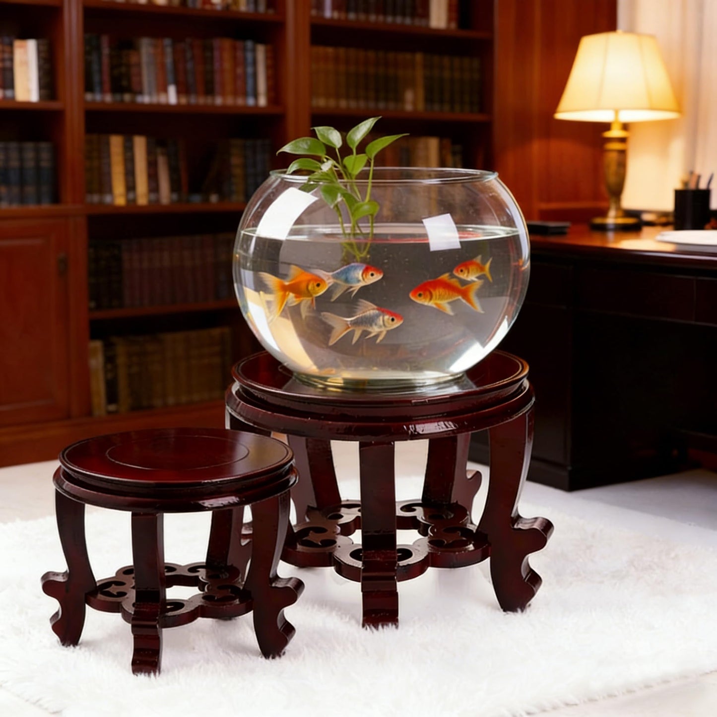 Karida 11 Inch Wooden Oriental Plant Stand, Chinese Style Round Wood Display Base for Vase, Pot, Fishbowl, Fish Tank - Indoor Outdoor Home Decoration