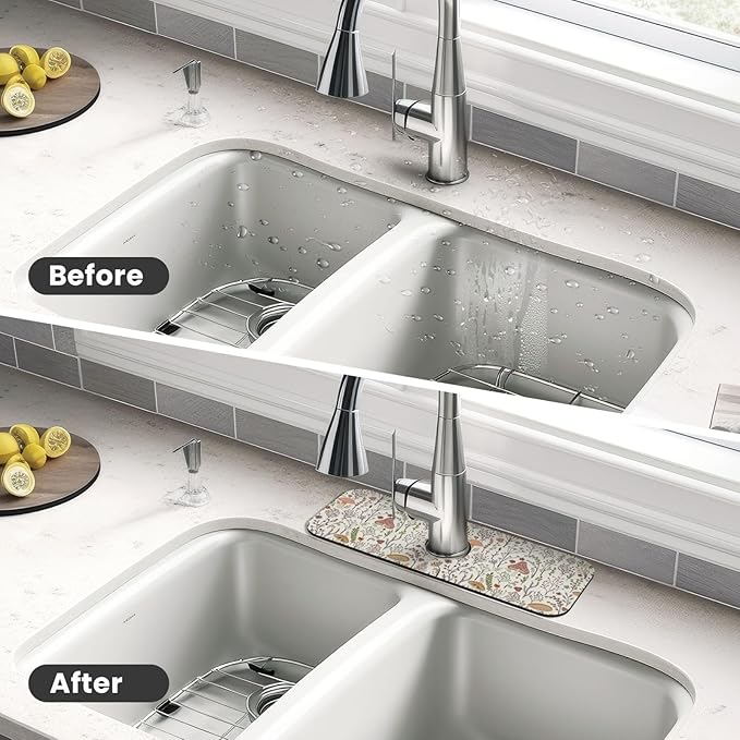 Cute Mushroom Wild Plant Kitchen Sink Splash Guard Faucet Mat 1 Pcs, Absorbent