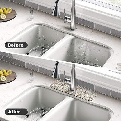 Cute Mushroom Wild Plant Kitchen Sink Splash Guard Faucet Mat 1 Pcs, Absorbent