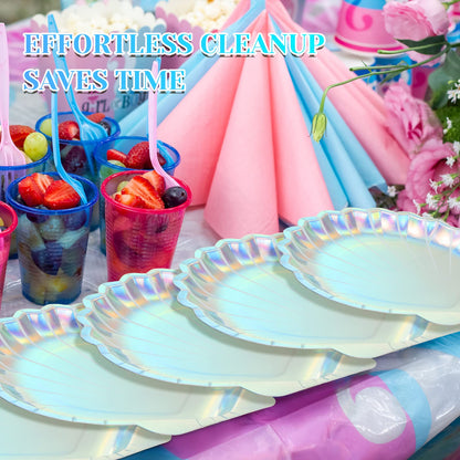 Zopeal 96 Pcs Mermaid Paper Plates Seashell Plates Party Supplies 9 Inch Disposable Iridescent Holographic for Girl Kids Birthday Party Decorations