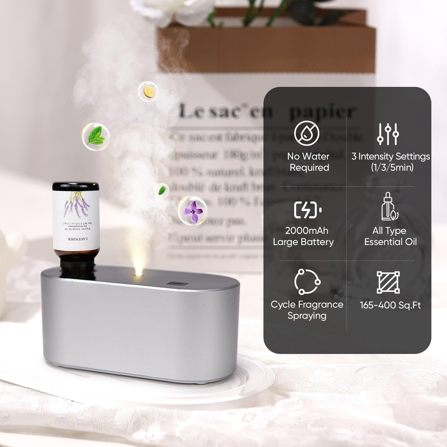 Waterless Diffuser for Essential Oil, Battery Operated Scent Air Aromatherapy Diffuser, Mini Aroma Diffusers with 3 Intermittent Mist Modes, Cycle Start, for 400 sq.ft Room Home Office Bedroom