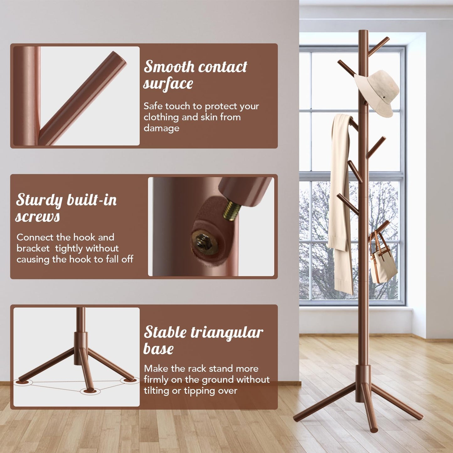 OUTGAVA Wooden Coat Rack Freestanding with 8 Hooks,Easy Assembly New Zealand Pine Tree Coat Racks, 3 Adjustable Sizes for Clothes, Hats, Bags, for Entryway, Hallway, Bedroom, Office (Brown, 1 PC)