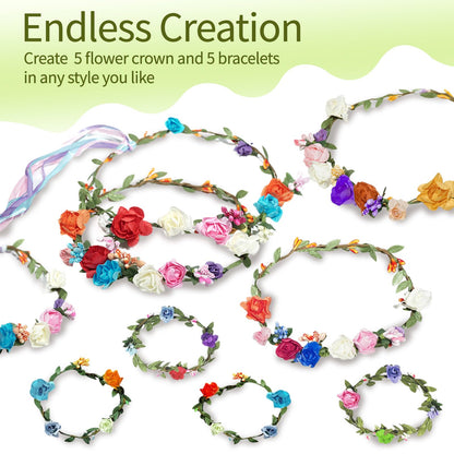 EggSun Flower Crown Making Kit for Girls Kids Gift Tea Party Spring Craft Bracelet DIY Fairy Flower Crown Kit Kids Birthday Party Floral Hair Arts Crafts Spring Easter Gift for Girls 5 6 7 12 Year Old