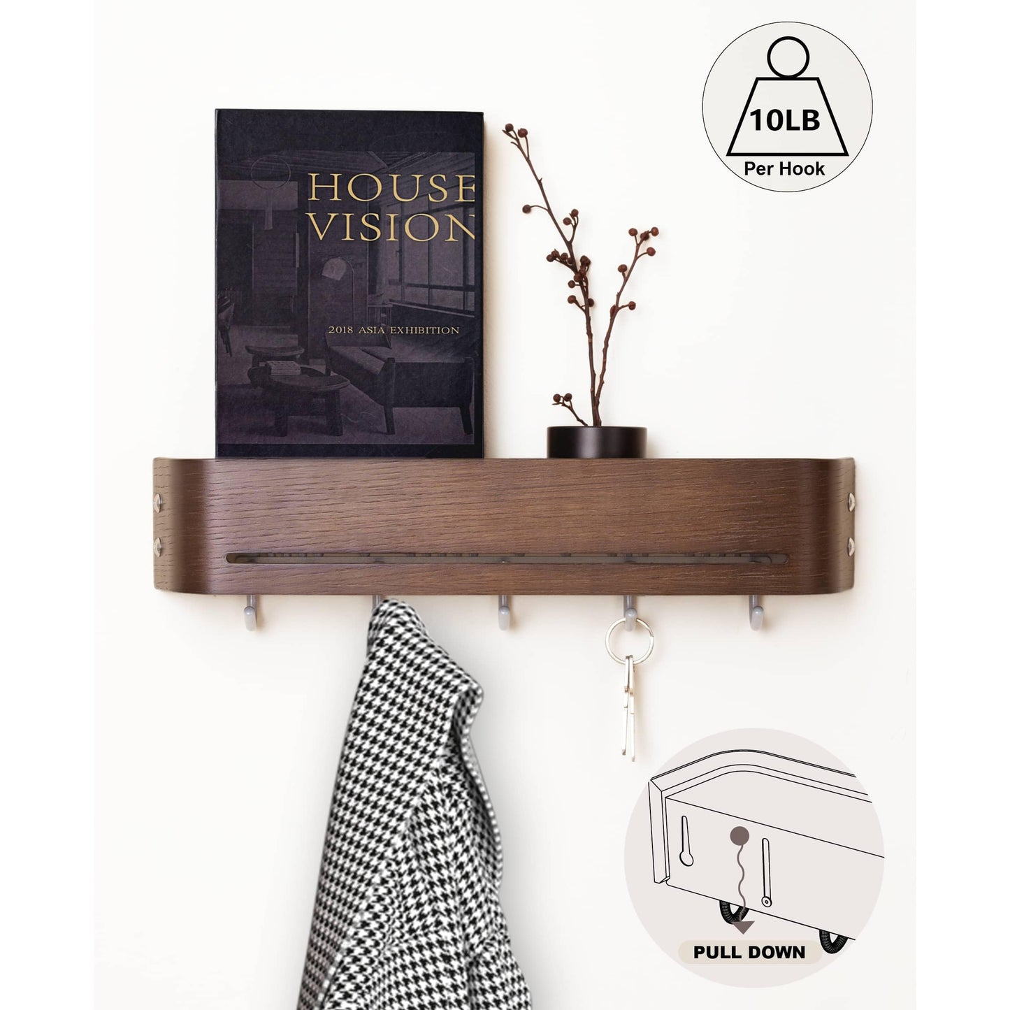 GEMAPOCO® Key Holder Wall Mount with 5 Retractable Hooks,17-Inch Finland-Designed Key Hanger with Shelf, Modern Coat Rack Wall Mount,Minimalist Space-Saving Entryway & Hallway Furniture - Walnut Brown