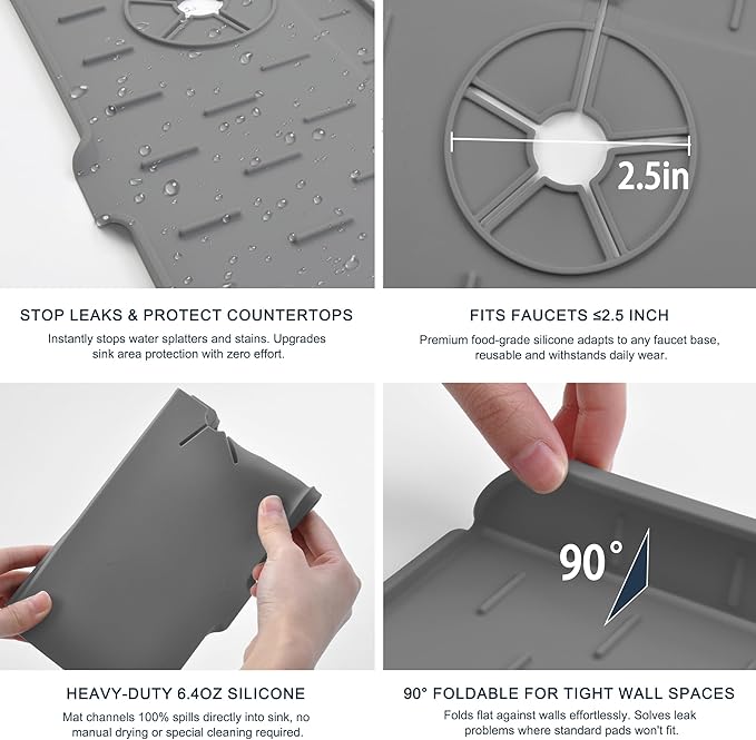Kitchen Faucet Sink Splash Guard, Silicone Water Catcher Mat – Sink Draining