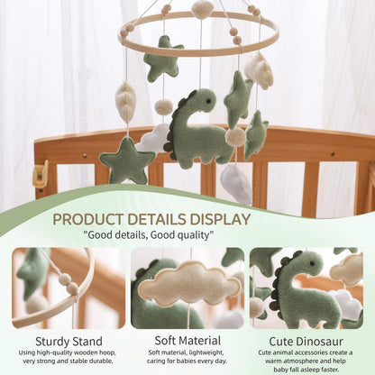 Soft Green Dinosaur Theme Baby Mobile for Crib, Simple Crib Bell for Boys and Girls,Handmade Felt Clouds Nursery Ceiling Decoration,Easy to Install Cotton Animal Charms for Bassinet