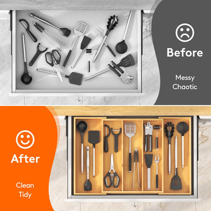 Lifewit Utensil Organizer for Kitchen Drawer, Expandable 13 to 22.4 Inches Wide, Adjustable Cooking Silverware Tray, Bamboo Cutlery Flatware Holder, Spatula Tools and Gadgets Storage Divider, Natural