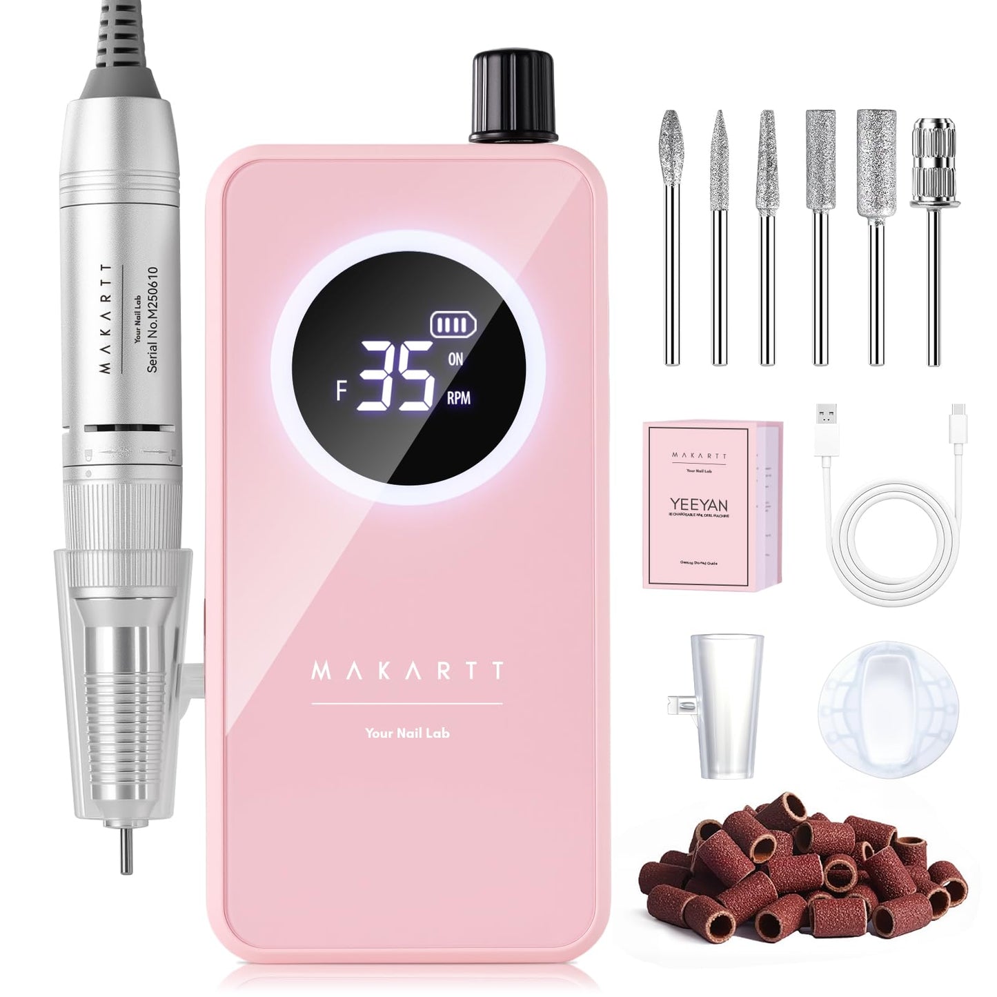 Makartt Nail Drill Professional: 60W 35000RPM Electric Nail File with Coreless Motor, 2 in 1 Desktop & Portable, Drill Bits and LCD Display for Acrylic Gel Nails, Nouvella Pink