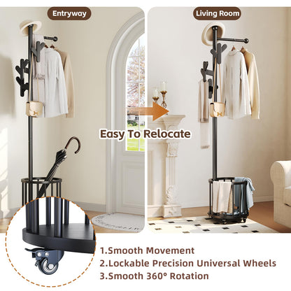 Uniclinens Freestanding Wooden Coat Rack with Umbrella Holder，Black Coat Rack with Hooks, Space-Saving Entryway Organizer for Hanging Clothes and Storing Towels, Bedroom, Living Room