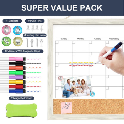 Calendar Whiteboard for Wall, TANKEE 17x13 Inches Whiteboard Calendar Cork Board Combo, Small Magnetic White Board with Wood Framed, Hanging Dry Erase Board for Kitchen Home Office School Planner