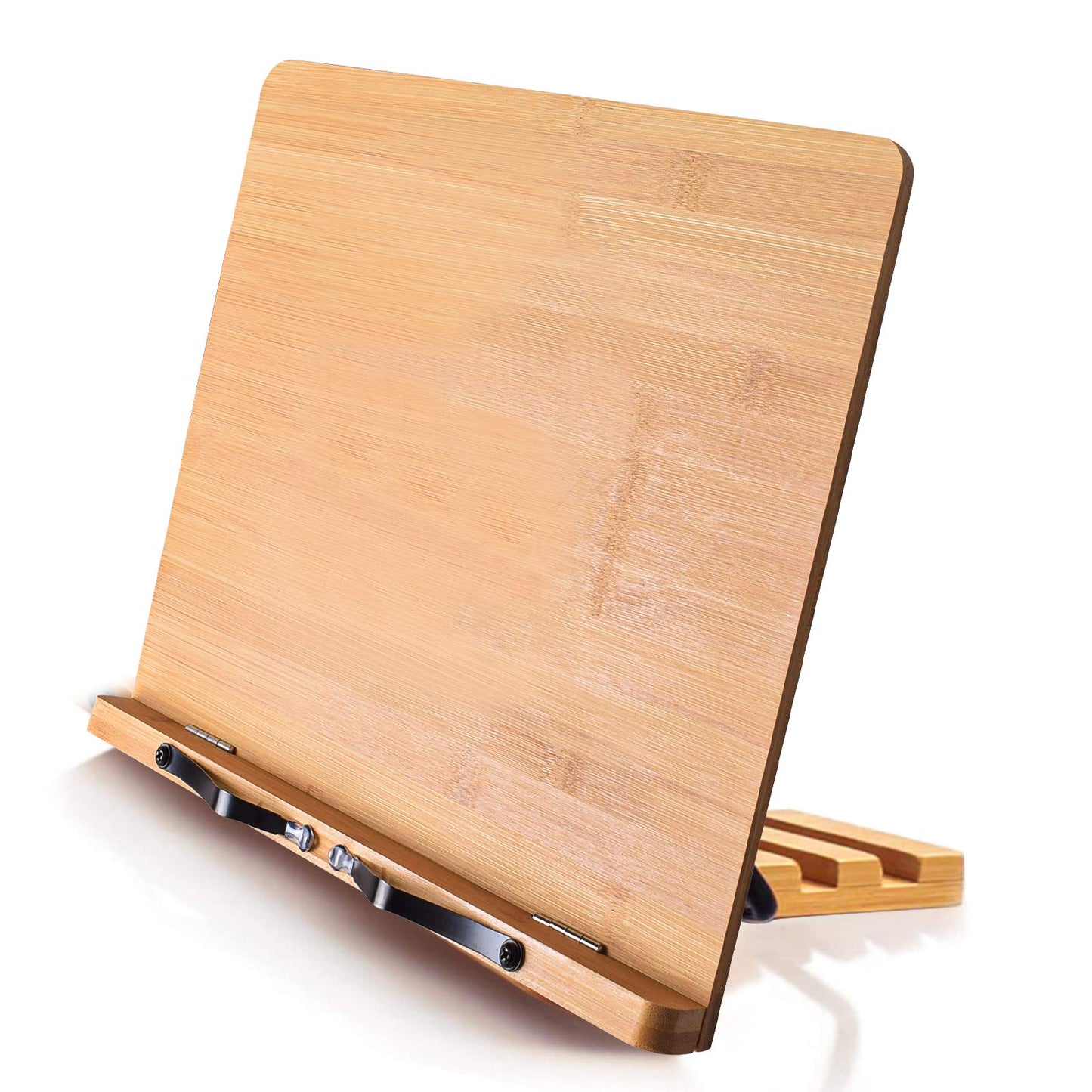 wishacc Bamboo Book Stand for Reading, 13.2" x 9.2" Premium Wooden Cookbook Holder and Recipe Stand for Kitchen Counter, Foldable Adjustable Desk Easel with 5 Angles for Textbooks, Sheet Music, Tablet