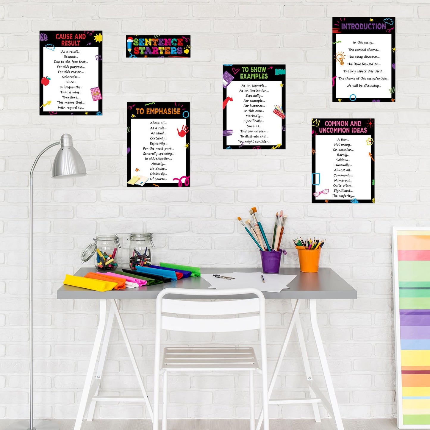 Dunzoom 9 Pieces Sentence Starters Posters Descriptive Vocabulary Classroom Educational Posters English Grammar Chart Bulletin Board Decoration for Middle High School Classroom (Bulletin Board Style)