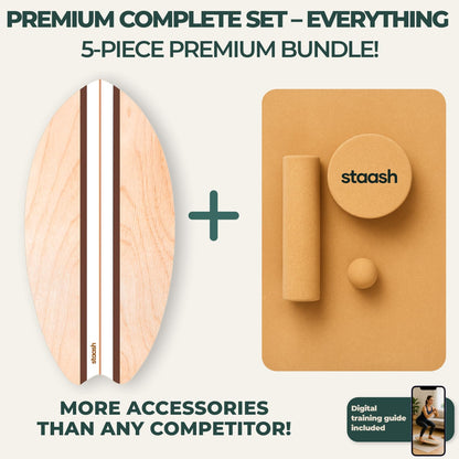 STAASH® Birch Wood Balance Board Full Kit – Wobble Trainer with Cork Roller, Mat, Ball & Disc – Eco-Friendly Core Trainer for Surf, Yoga, Fitness, Rehab – Video Library Included (Cacao)