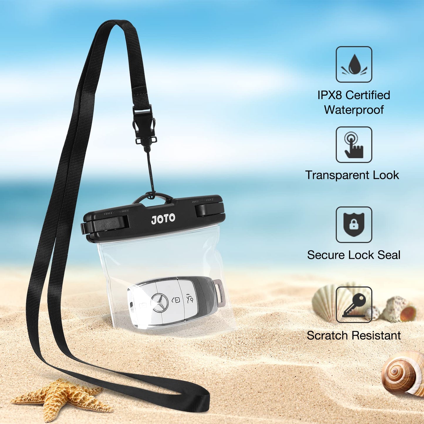 JOTO 2 Pack Waterproof Car Key FOB Case with Lanyard for Swimming Surfing, Small Waterproof Wallet Dry Bag for Money Credit ID Card Cash Coins -Black