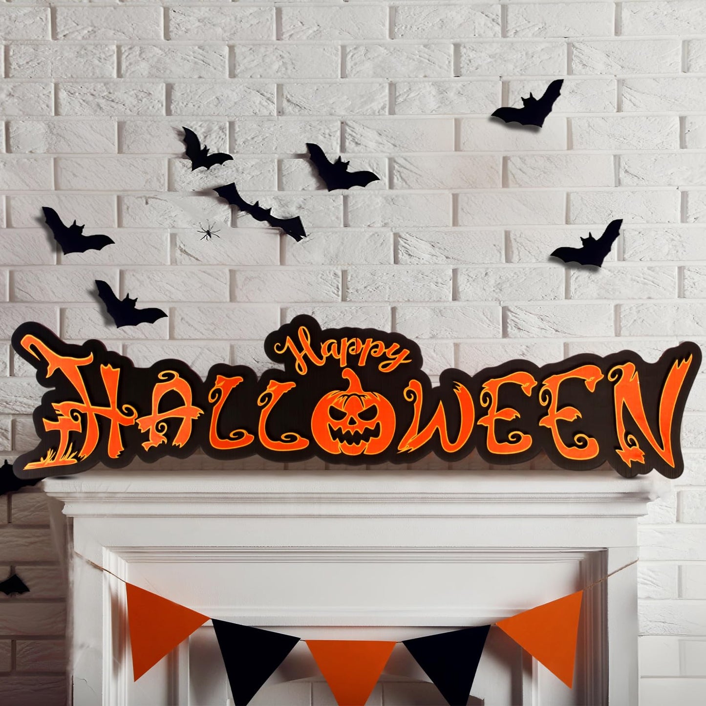 Yousoontic Large Gothic Happy Halloween Wooden Yard Sign Giant Black Orange Trick or Treat Porch Signs Wall Decor for Fence Garage Outdoor Backdrop Props(47.2 x 11.8 Inch)