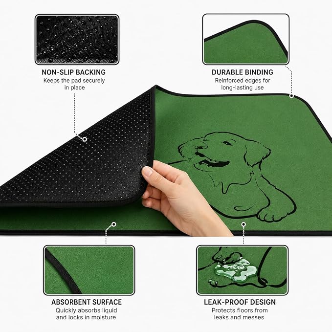 2 Pack Washable Pee Pads for Dogs 24"x36", Reusable Training Puppypads Absorbency Non-Slip & Leak-Proof for Pet Whelping Box Playpen Crate Sofa Bed Floors (Green)