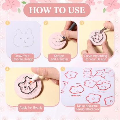 Innconee 18 Pcs Rubber Stamp Carving Blocks Linoleum Blocks 4"x6" and 2"x2" Round Square Rectangle Block Carving Kit for Stamp Crafts DIY Project(Pink)