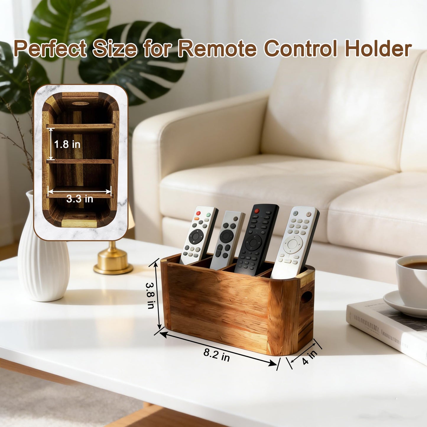 LEEBICHEN Acacia Wood Remote Control Holder, TV Remote Holder - 4 Compartment Remote Control Storage Organizer, Small Wooden Desktop Caddy for Coffee Table, Nightstand, Living Room, Office, Vanity