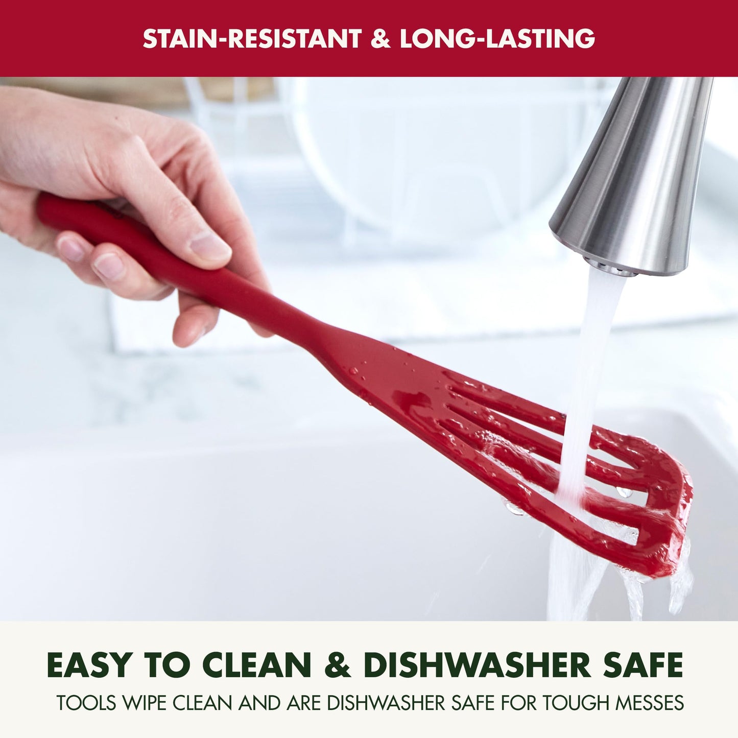 GreenPan Silicone Fish Turner Spatula, Slotted Cooking Kitchen Utensil, Flexible Rubber Nonstick Cookware, Rigid Steel Core, Heat-Resistant, Anti-Slip Handle, BPA-Free, Dishwasher Safe, Red