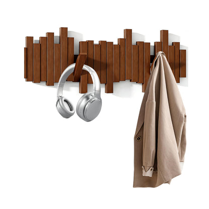 BWCXR Wall Mounted Wooden Coat Rack with Flip-Down Piano Key Hooks, Hardwood Heavy Duty Wall Hook Rack with Hidden Mount for Entryway, Coats, Bags & Hats, Walnut Wood with 8 Hooks