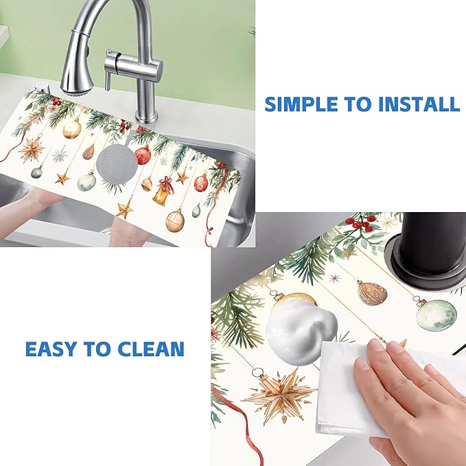 Christmas Star Balls Bells Kitchen Sink Splash Guard Mat Absorbent Fast Drying