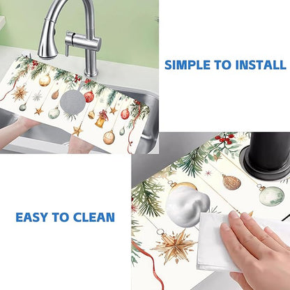 Christmas Star Balls Bells Kitchen Sink Splash Guard Mat Absorbent Fast Drying