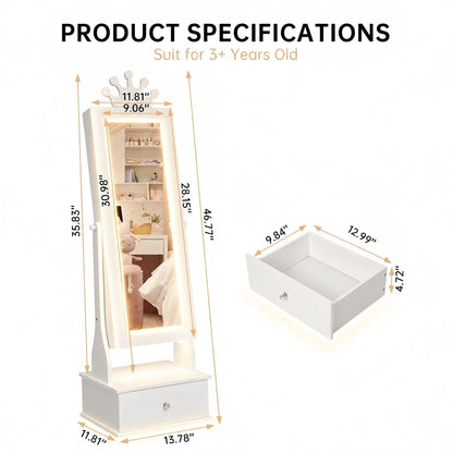 Garvee Kids Jewelry Armoire with Full Length Mirror, LED Lights, Adjustable Angle, Lockable Jewelry Cabinet for Girls, Standing Organizer, Gift for Girls