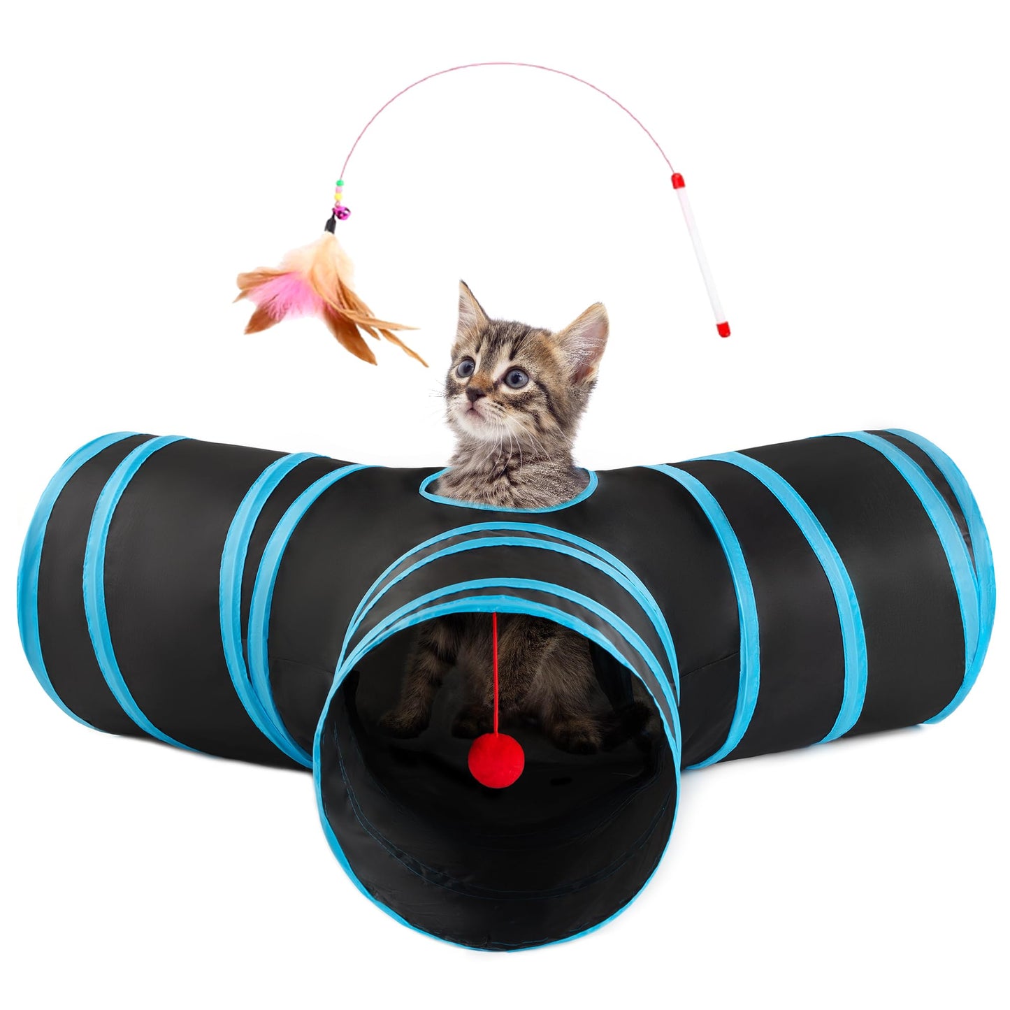 Love's cabin Cat Tunnel Tube Toys 3 Way Collapsible, Cat Tunnels for Indoor Cats，Kitten Tunnel Bored Pet Play Tunnel with Peek Hole Toy Ball for Kitty, Kitten, Rabbit, Puppy Blue