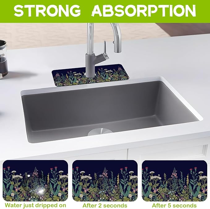 Colorful Herbs and Wild Flowers Kitchen Sink Splash Guard Faucet Mat Super