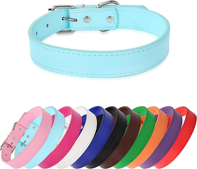 Light Blue Soft Leather Dog Collar for Small,Medium, Large Dog, Comfortable and Adjustable (Wide: 0.75'' for Dog's Neck: 10''~14'', Light Blue, M)