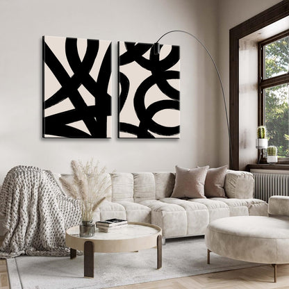 Framed Abstract Wall Art Canvas Set Lines Pictures Modern Mid Century Boho Wall Decor Minimalist Abstract Black Stroke Lines Canvas Painting Artwork Living Room Bedroom Home Office 12"x16"x2