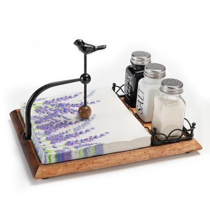 Charming Wooden Napkin Holder with Bird Design – Includes Space for Salt and Pepper Shakers – Multifunctional Black Napkin Holder for Table, Kitchen & Outdoor Use