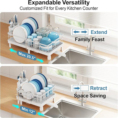 GSlife Expandable Dish Drying Rack - Countertop Drainer, 12-20.5", White | Compact Extendable Design, Swivel Drain Spout, Cup and Utensil Holder, for Small Kitchen, RV, Countertop Dish Drainer Tray