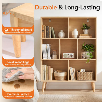 HAPPYMONT 3-Tier Bookcase, 7 Cube Modern Wooden Storage Organizer with Legs, Open Display Shelves for Living Room Bedroom Home Office, Freestanding Bookshelf, Natural Wood