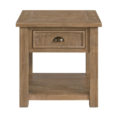 Monterey Farmhouse Rustic End Table, Solid Pine Wood Coastal Side Table with Drawer and Shelf. Driftwood.