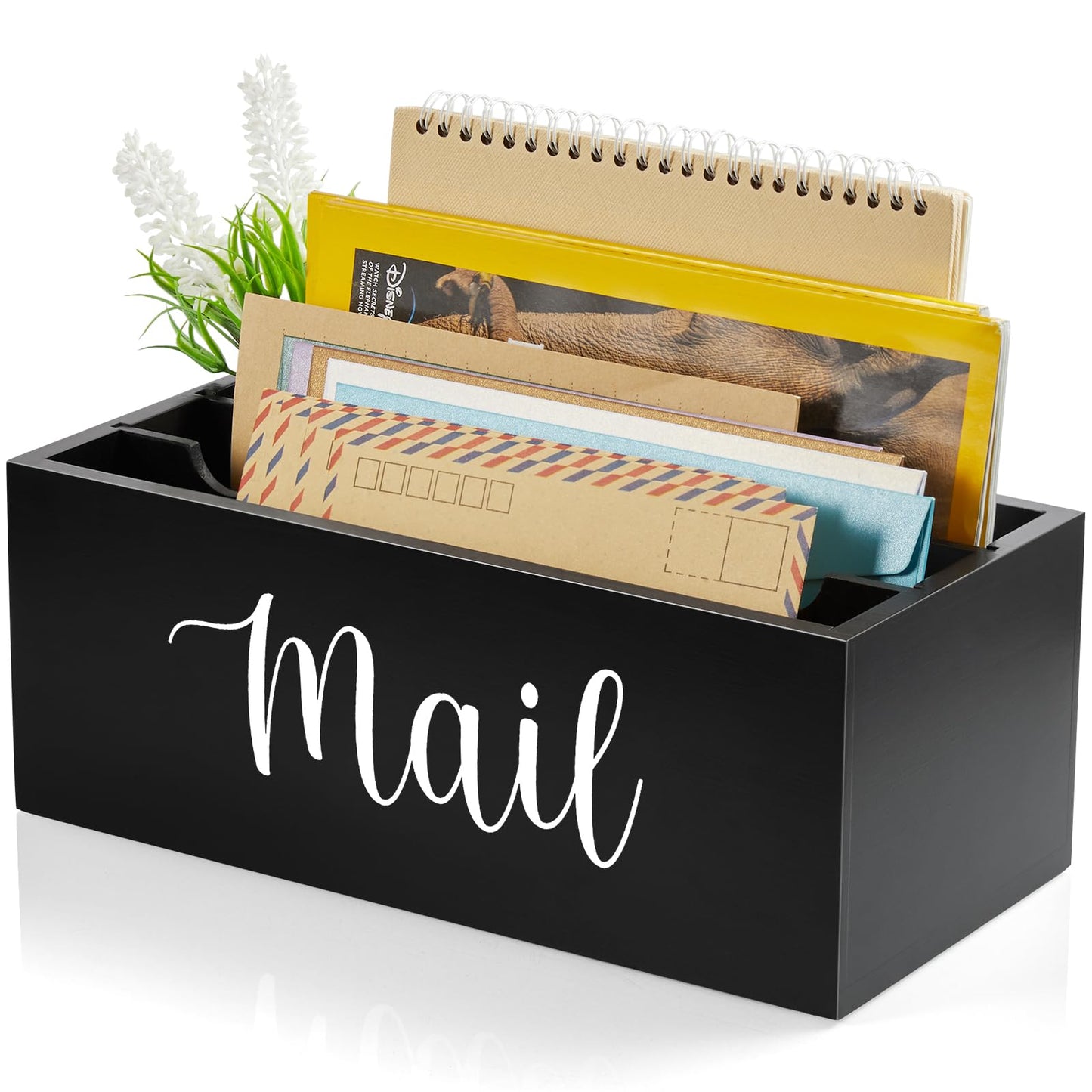 DRASTAR Mail Organizer Countertop, Wooden Mail Holder with 3 Slots, Desktop Mail Organizer, Black Mail Sorter for Home Office Accessories