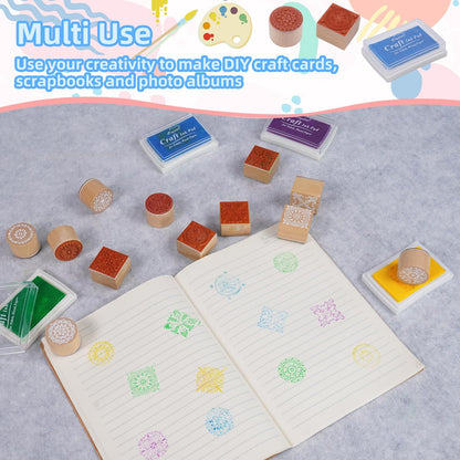 16Pcs Rubber Stamps and Craft Ink Pads, Decorative Wooden Stamps with Ink Pads for Stamps, Wood Stamps for Crafting, Letters, Scrapbooking and DIY Craft Card