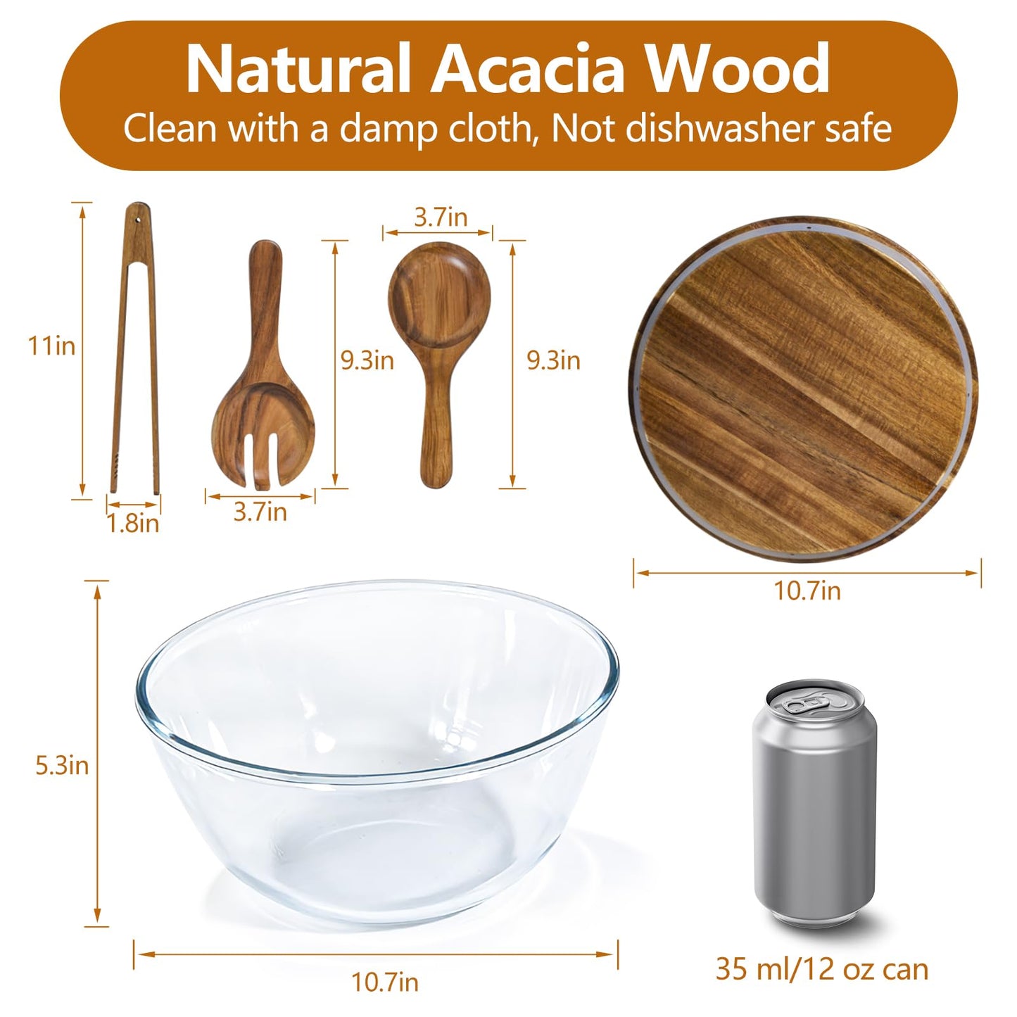Anyvape Glass Salad Bowl Set, 4.8QT with Acacia Wood Lid & Utensils