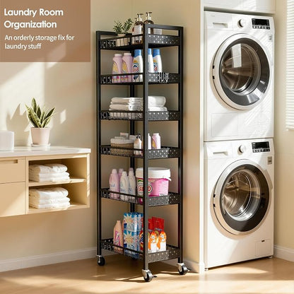 6 Tier Slim Storage Cart, Narrow Rolling Cart with Wheels, Narrow Mobile Utility Shelf Unit Organizer for Kitchen, Bathroom, Laundry Room, Living Room, Small Places, 10in(W), Black