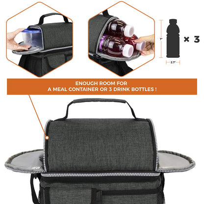 opux Insulated Lunch Bag Women Men, Dual Compartment Leakproof Lunch Box Adults Kids, Double Decker Meal Prep Bento Lunch Cooler Tote with Shoulder Strap for Work Office School Travel, Dark Gray