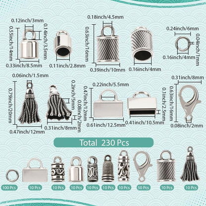 SUNNYCLUE 1 Box 230pcs Tassel End Caps Kumihimo Cord End Caps Alloy Metal Antique Silver Glue in Crimp String Leather Cords Tassel Ends Tips Supplies for Jewelry Making Kit Kumihimo Supplies Crafts