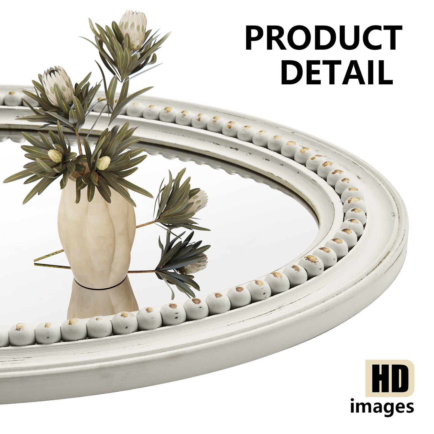 H HOMEWINS Oval Mirrors for Wall,20x30 Oval Wooden Rustic Farmhouse White Beads Boho Decorative Mirror for Bedroom, Bathroom, Living Room,Vanity