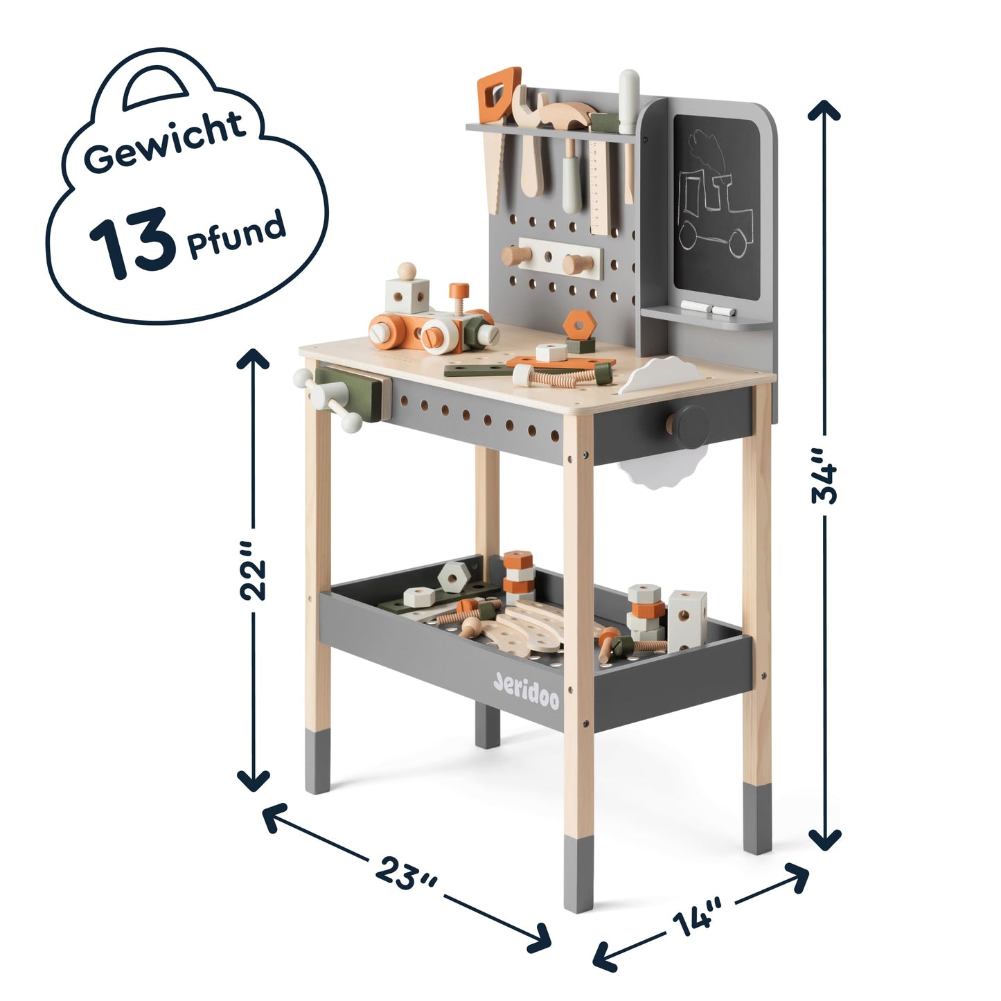 JERIDOO Kids Wooden Workbench, 61-Piece Tool Bench Set with Saw, Hammer, Spanner, Screwdriver, Nuts and Bolts, Chalkboard, Safety Goggles and Gloves, Construction Toy, Pretend Play, Boys, Girls Age 3+